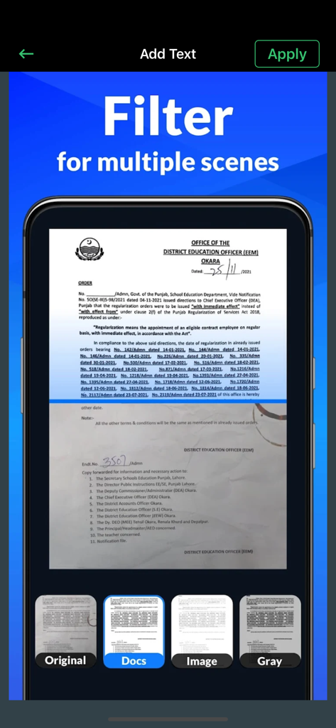 PDF Scanner- App for Documents - Interface of the PDF Scanner app showing document filtering options including Docs Image and Gray modes