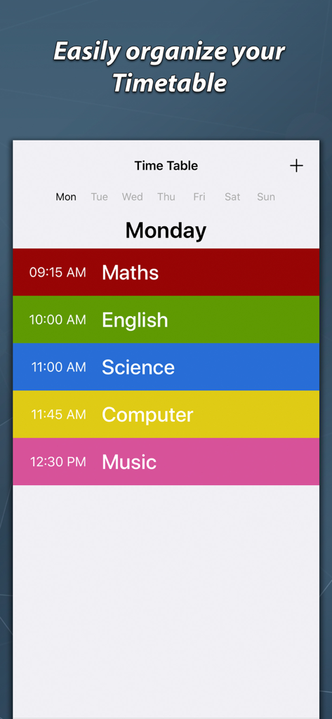 Timetable & Homework Planner - Agenda diária codificada por cores mostrando uma agenda escolar de segunda-feira com várias disciplinas e horários