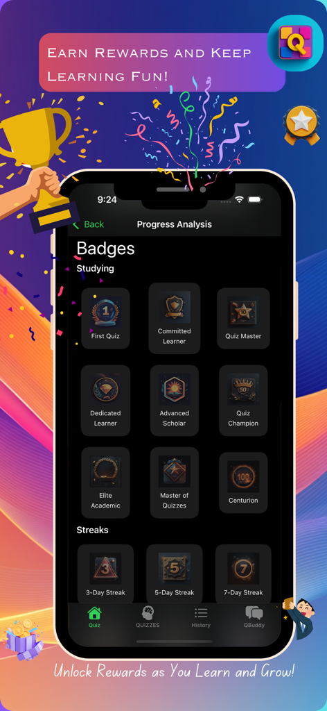 AI Quiz Maker: Flashcards - Interfaz de la aplicación AI Quiz Maker mostrando insignias de progreso y rachas de estudio