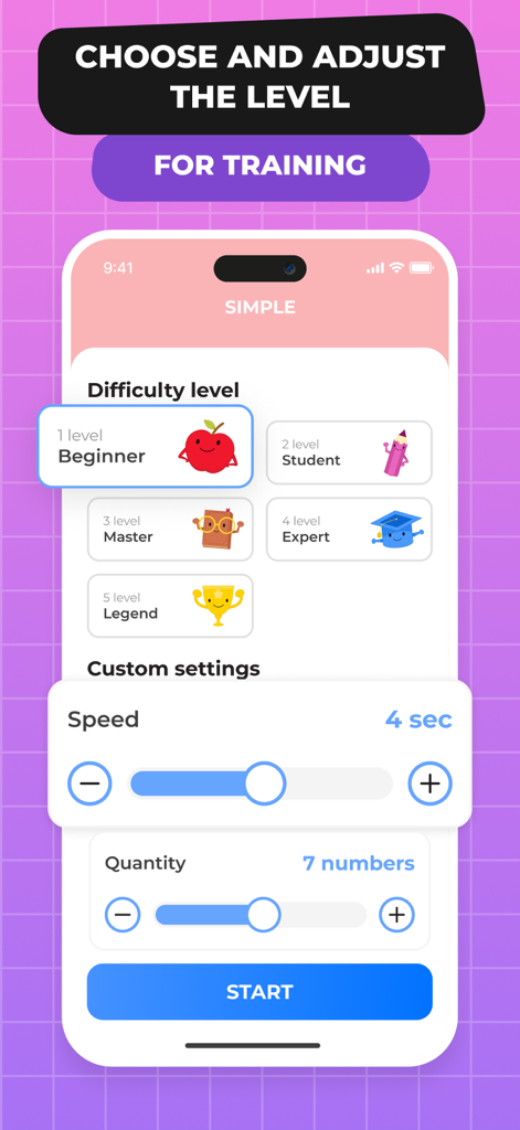 Matsy Abacus - Matsy Abacus app interface showing difficulty levels from Beginner to Legend with adjustable speed and number quantity sliders for mental math training.