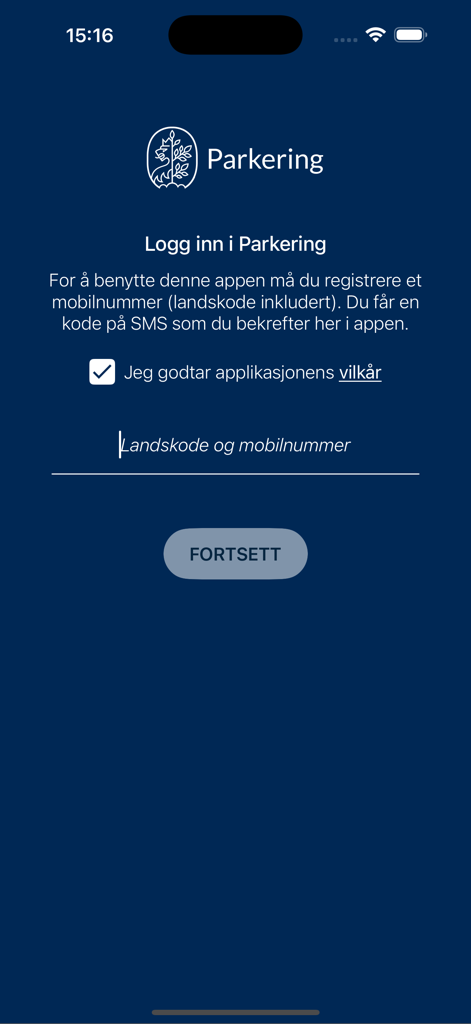 Login screen for the Parkering Kristiansand app requiring a mobile number for registration