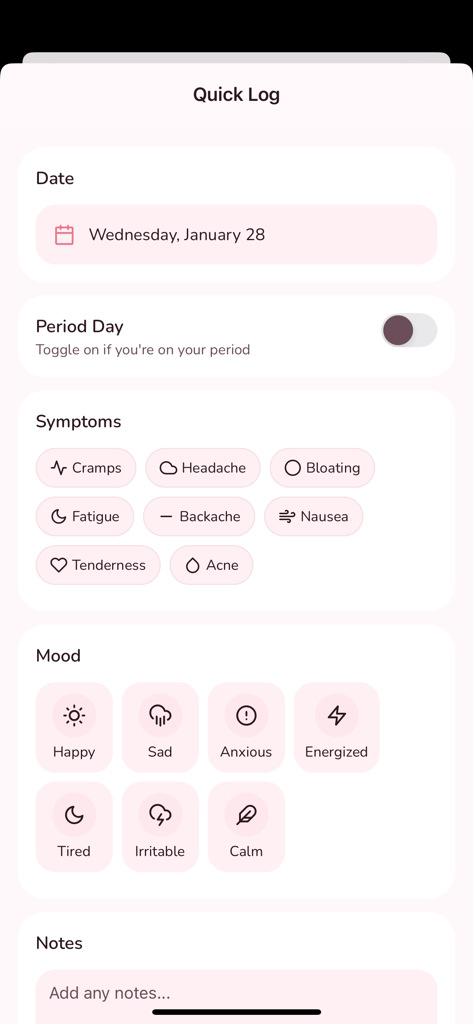 Period & Cycle Tracker - Perry - Quick Log screen of Perry period tracker showing options for date selection period toggle symptoms and mood icons