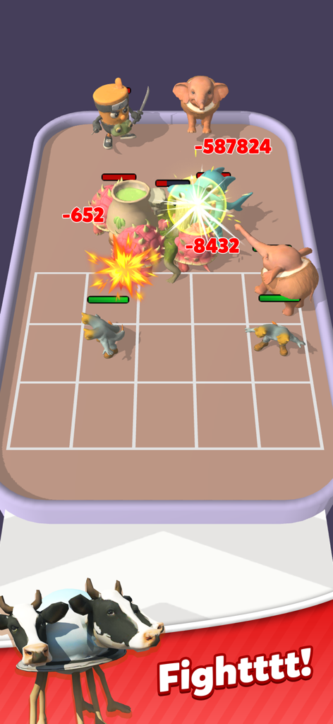 Italian Meme Game:Merge Runner - A gameplay screenshot showing surreal meme characters battling on a grid with damage points and a fight button