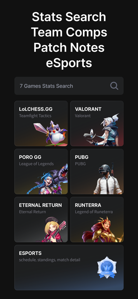 DAK.GG mobile app dashboard featuring stats search for multiple games like LoLCHESS Valorant and PUBG