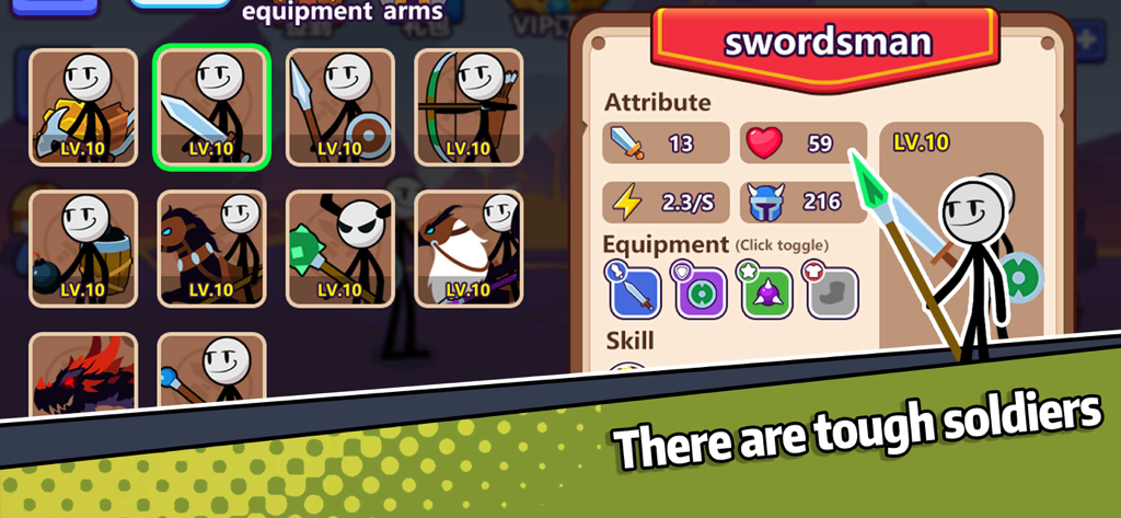 Stickman swordsman character attributes and unit selection screen in Idle Battle Warriors