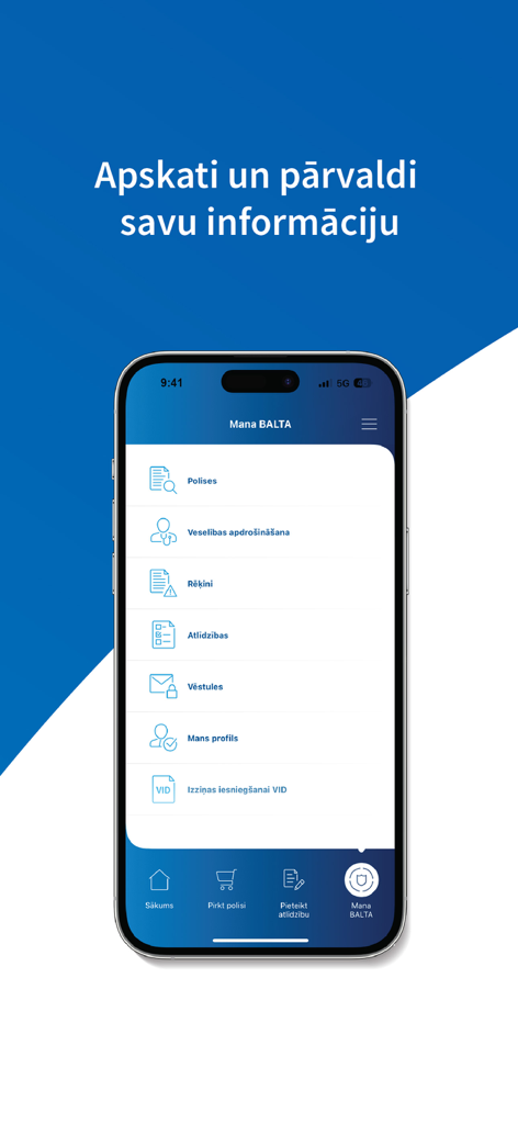 BALTA - The main dashboard of the BALTA mobile app showing options for policies, health insurance, and claims management.