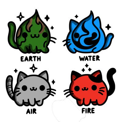 4 cats that represent the different elements, earth, water, air, and fire