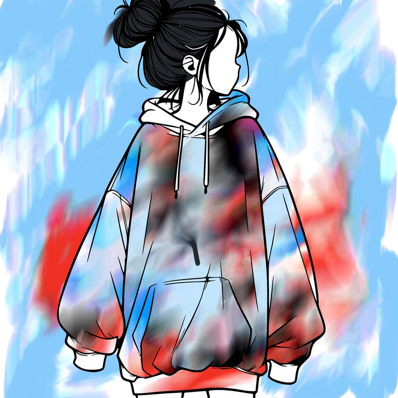 realistic girl with a oversized sweatshirt on and a bun