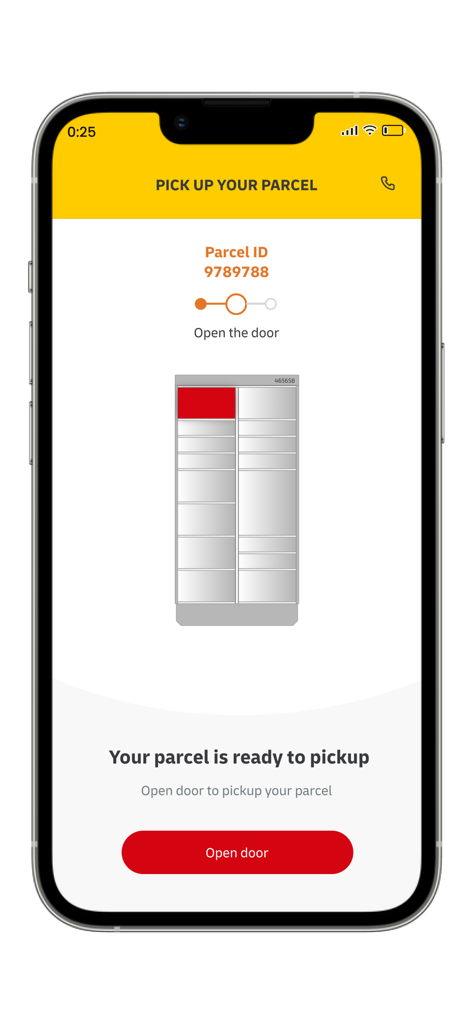 DHL Express Lockers mobile app screen showing parcel pickup details and an open door button