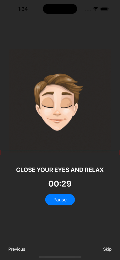 EyeX - Eye Care, Eye Exercises - Interface of the EyeX app showing a countdown timer for an eye relaxation exercise with a graphic of a person with eyes closed