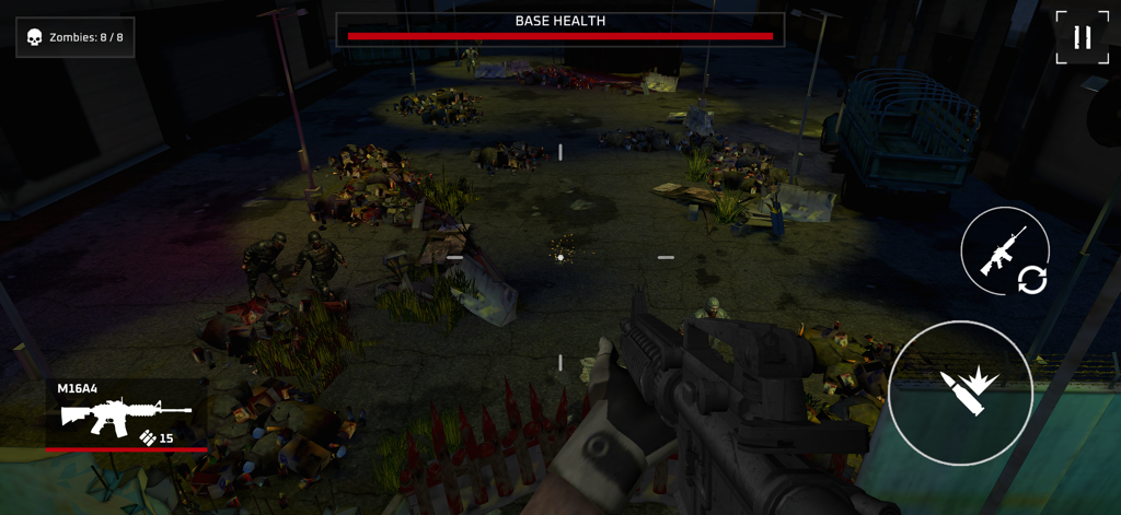 Survival Zone: Zombie Outbreak - First person shooter view of a zombie defense mission in Survival Zone with an assault rifle