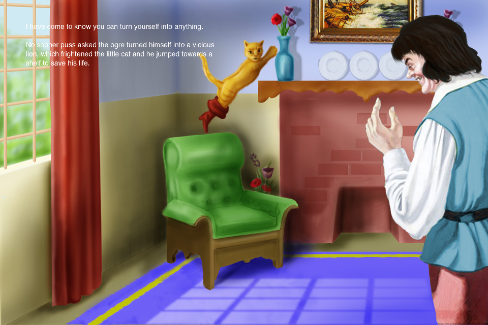 Puss in Boots (HD) - Ilustración del libro digital El Gato con Botas mostrando al Gato saltando en una habitación con un ogro