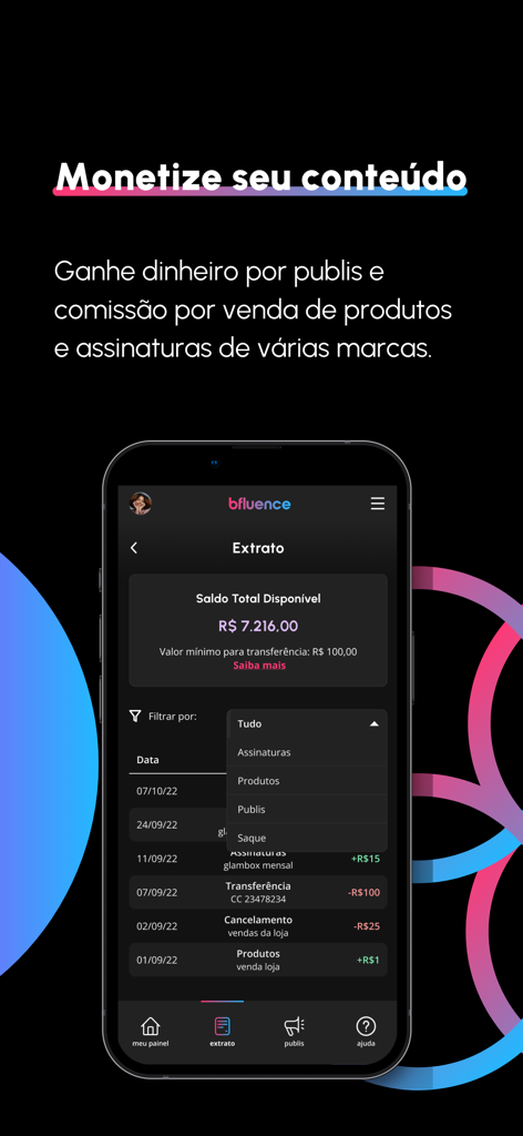 bfluence - Interfaz de la aplicación Bfluence que muestra el saldo total de un creador y las opciones de monetización