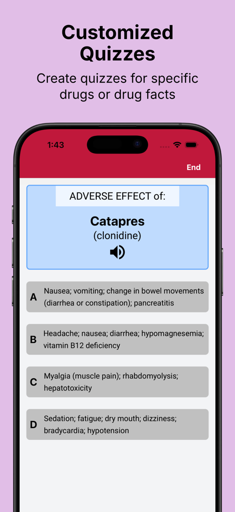RxFlip - Captura de pantalla de la aplicación RxFlip que muestra una pregunta de opción múltiple sobre los efectos adversos del medicamento Catapres