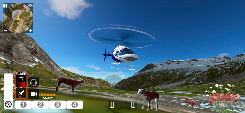 Helicopter Simulator 2026 - A white and blue helicopter flying over a mountain valley with cows on the ground in Helicopter Simulator 2026.