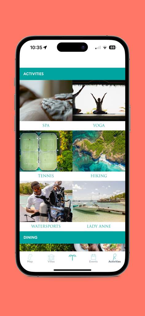 La pantalla de actividades de la aplicación Mustique con opciones de spa, yoga, tenis y senderismo.