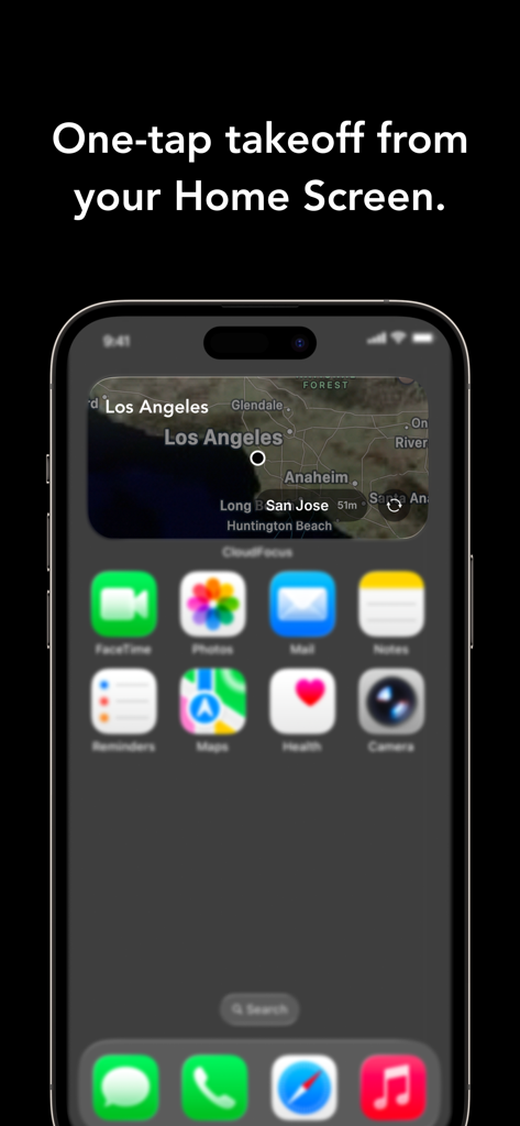 An iPhone home screen showing the CloudFocus widget with a flight map for starting a focus session.