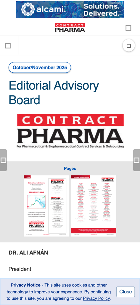 Contract Pharma - Interface of the Contract Pharma app showing the editorial advisory board section and digital magazine pages