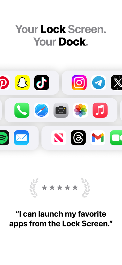 Lock Dock－Widget App Launcher - Promotional image of Lock Dock app showing app shortcuts like TikTok and Instagram for the iOS lock screen