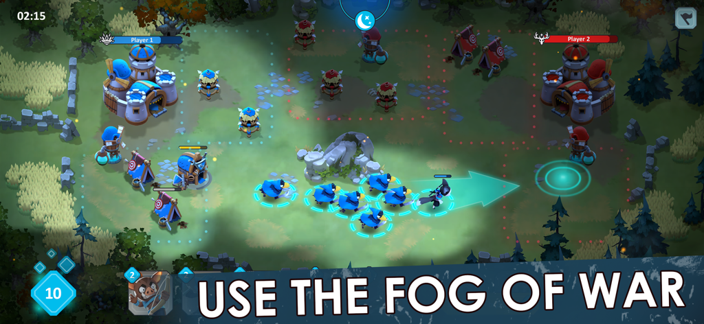 Tactical gameplay in Wild Forest RTS showing animal units moving through the fog of war towards an enemy base.
