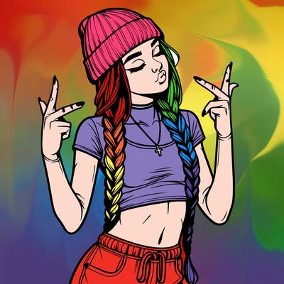 realistic teenage girl with braids and a beanie and crop top doing 🫶🏼