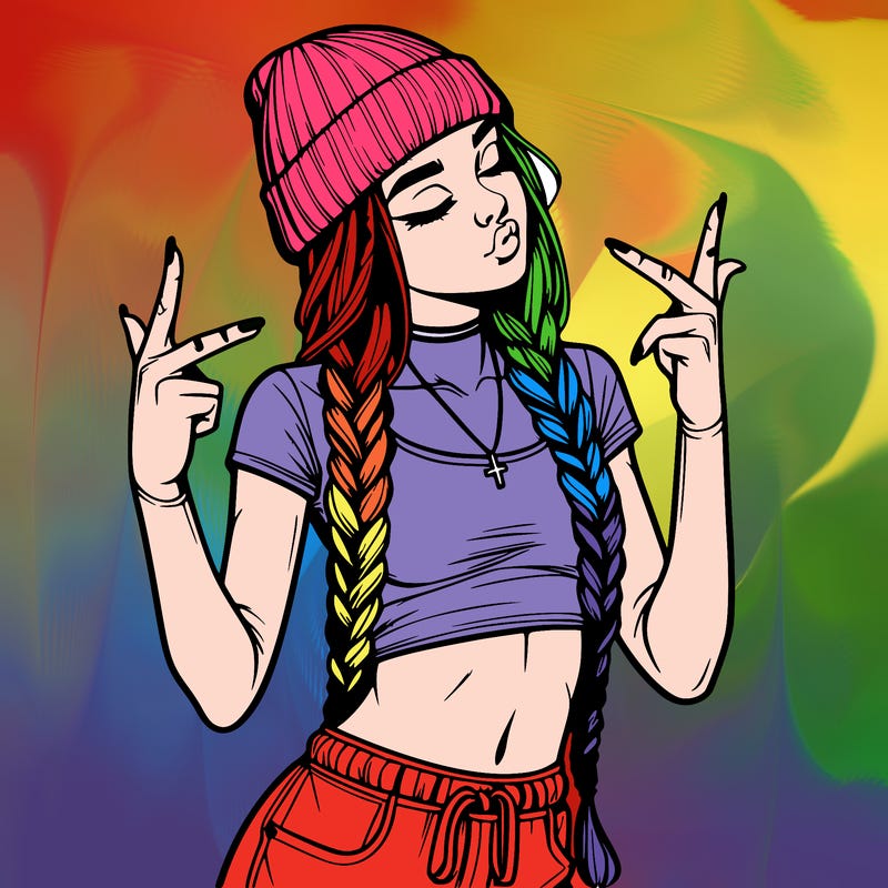 realistic teenage girl with braids and a beanie and crop top doing 🫶🏼