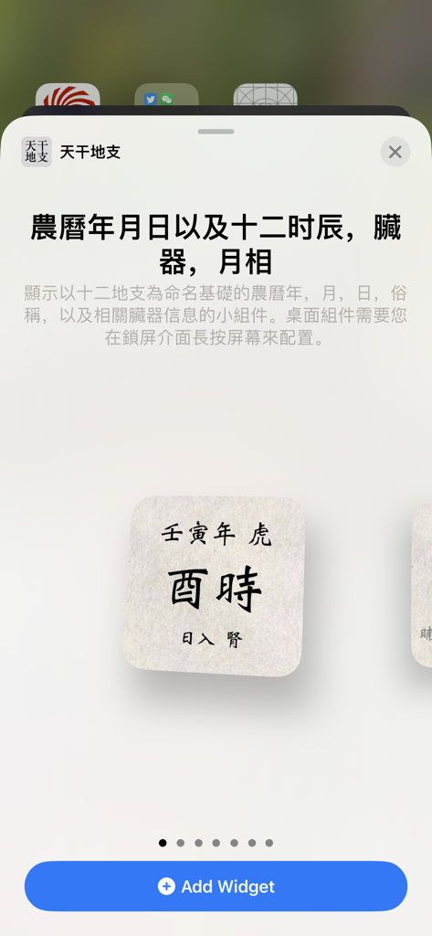 TianganDizhi - Schermata di selezione dei widget di TianganDizhi per iOS che mostra il calendario lunare e le informazioni sui rami terrestri