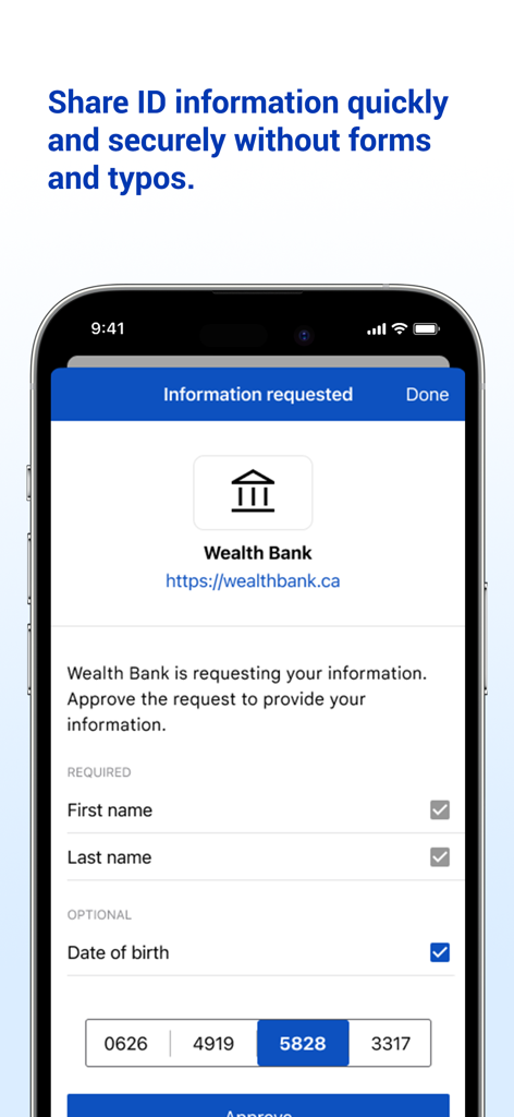 Interfaz de la aplicación Bluink eID-Me que muestra una solicitud del Wealth Bank para compartir información personal de forma segura.