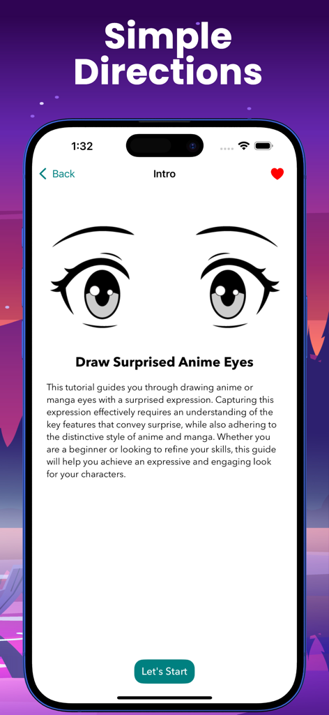 A mobile app tutorial screen showing an illustration of surprised anime eyes with step by step instructions.