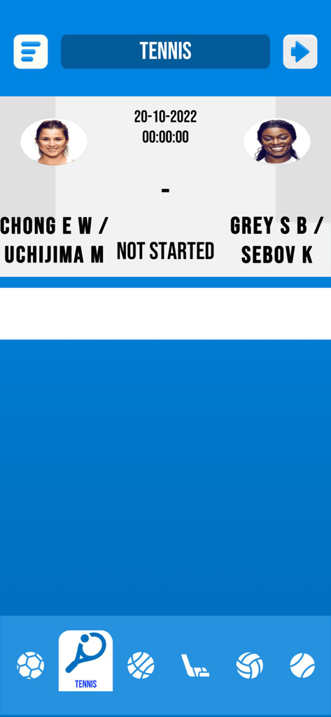 Fair Play - Live Scores - Tela do aplicativo Fair Play exibindo uma agenda de duplas de tênis futuras com retratos de jogadores e ícones esportivos