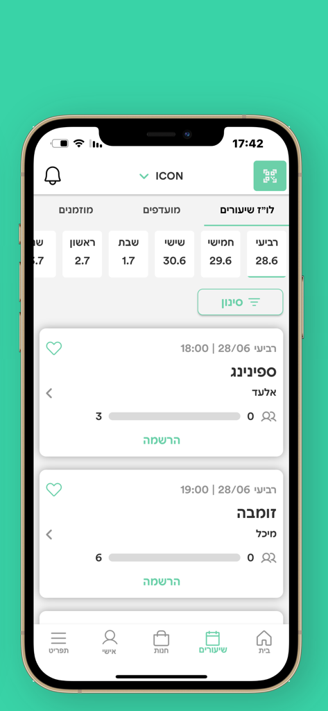 Smartphone screen showing the Icon Fitness app class schedule with booking options for spinning and zumba classes