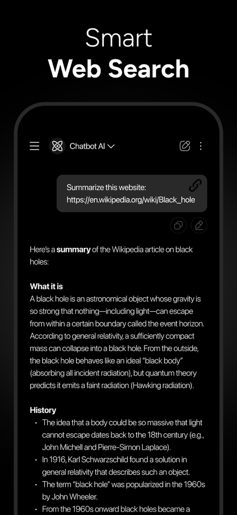 Genie AI Assistant interface summarizing a Wikipedia page using Smart Web Search.