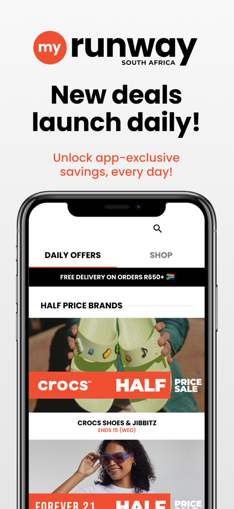 MyRunway SA Fashion Shopping - MyRunway mobile app interface showing daily fashion deals and half-price brand sales