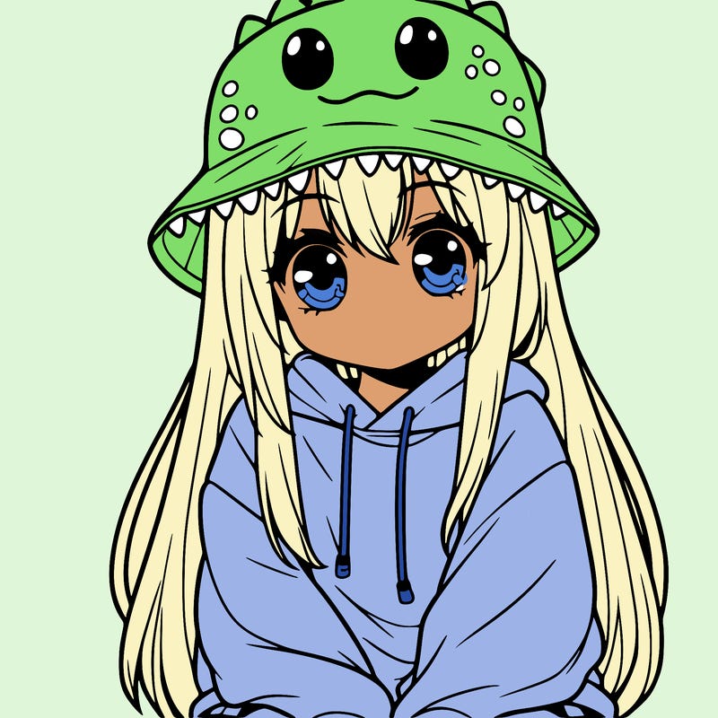 girl with anime shaped eyes with a dinosaur bucket hat oversized sweatshirt long straight hair