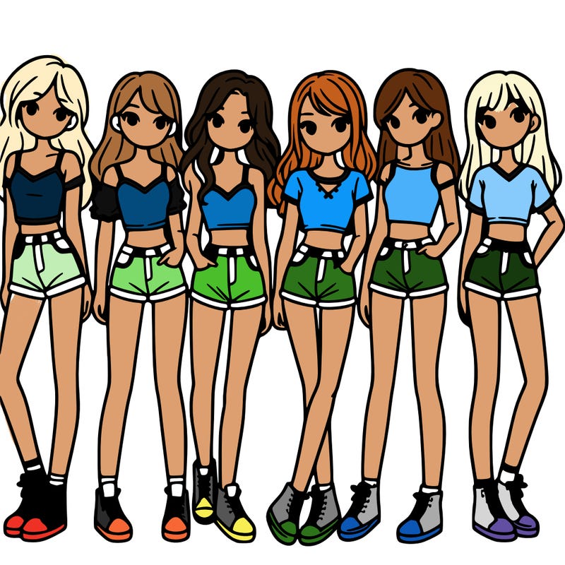 a group of girls wearing crop tops and shorts