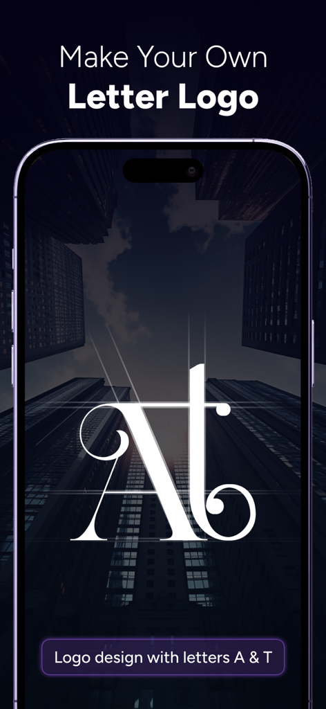 AI Emoji Generator: Logo Maker - An iPhone screen showing a professional monogram logo featuring the letters A and T created with an AI design app