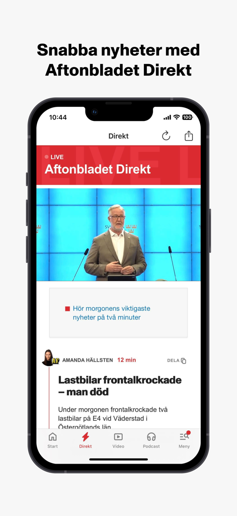 Schermata iPhone che mostra l'app Aftonbladet Nyheter con una trasmissione di notizie in diretta nella sezione Aftonbladet Direkt.