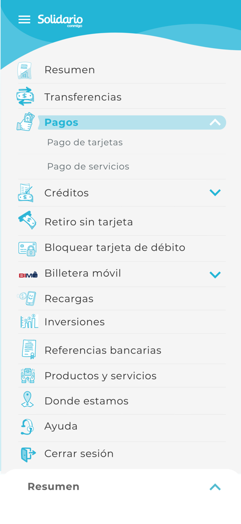 Main navigation menu of the Solidario mobile banking app showing various financial service options in Spanish