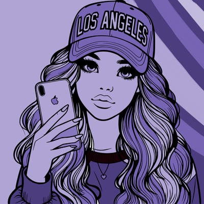 realistic beautiful girl wearing los ángeles cap holding an iphone