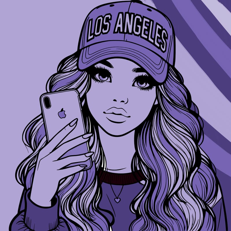 realistic beautiful girl wearing los ángeles cap holding an iphone