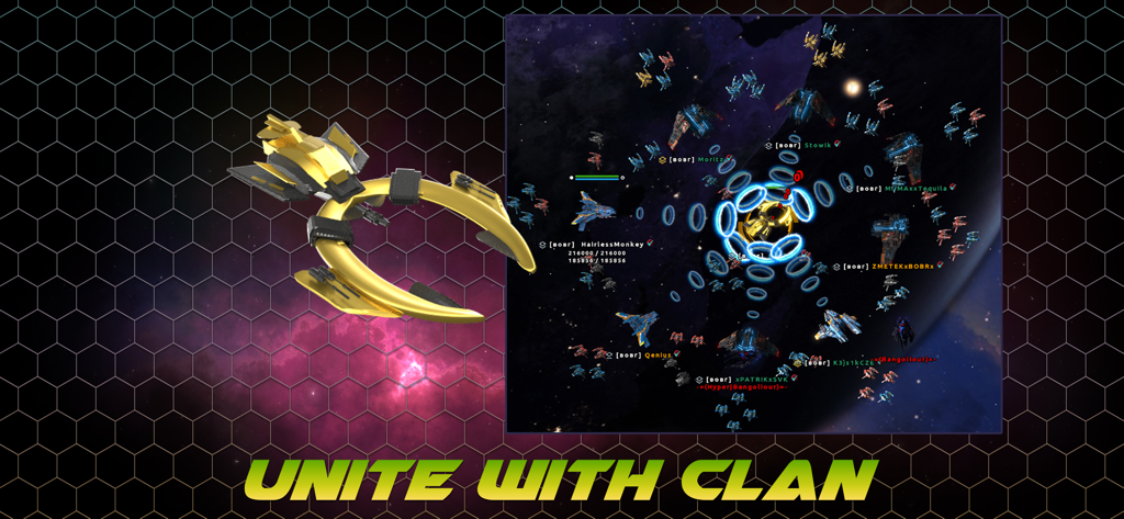 WarUniverse - A massive space battle in WarUniverse showing players united in a clan attacking a central orbital structure