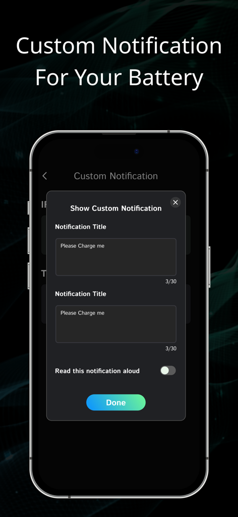 Battery Health - Charge Saver - Interface of the Battery Health app showing the setup screen for personalized charging notifications and alerts