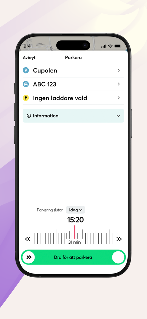 LinPark app interface for selecting parking duration and starting a session with a slide to park button