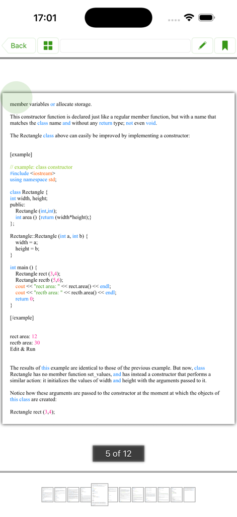 C plus plus IDE app screen displaying a technical tutorial on class constructors and member functions