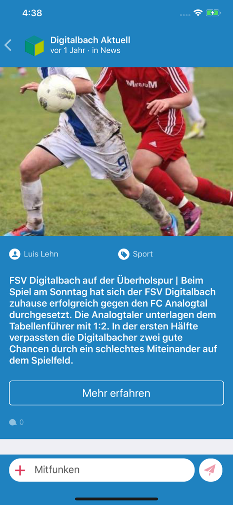 DorfFunk - DorfFunk app interface displaying a local soccer match news article with players in action