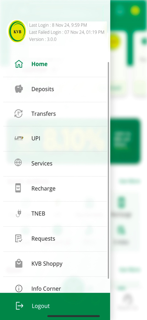 A sidebar navigation menu of the KVB DLite mobile banking app showing options like Deposits, Transfers, UPI, and TNEB bill payments.