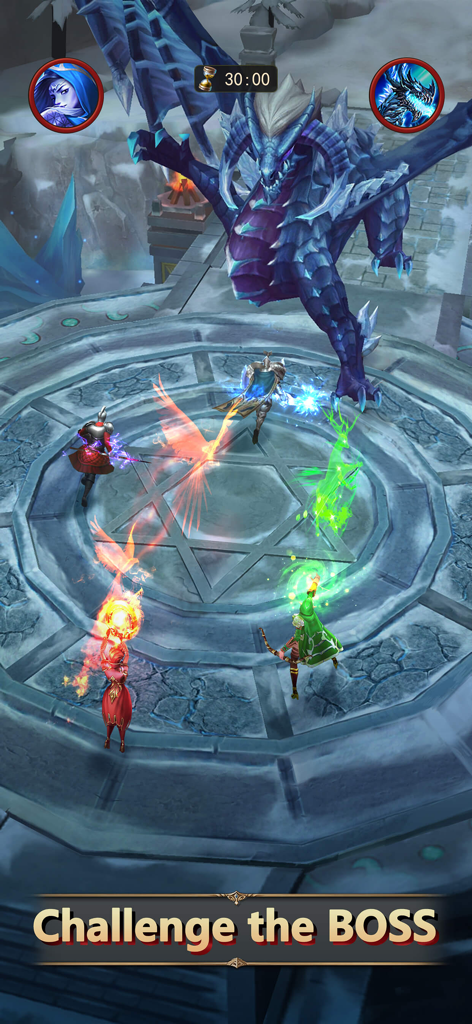 Road of Kings - Endless Glory - Heroes fighting a giant blue dragon in a challenge the boss mission