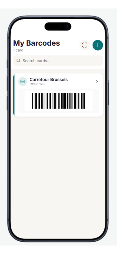 My Barcode Cards - The main screen of the My Barcode Cards app showing a digital loyalty card with a scannable barcode