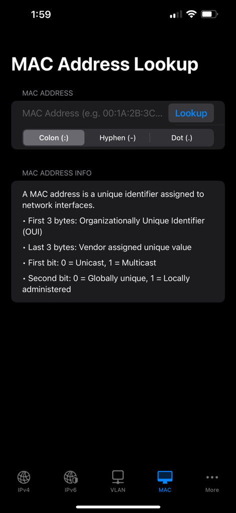 NetBuddy IP Subnet Calculator - NetBuddy app MAC address lookup tool featuring technical details and address formatting options