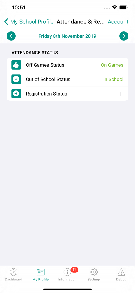 iStudent App - iStudent 앱의 출석 상태 화면으로 학교 등록 및 경기 상태 세부 정보를 보여줍니다.
